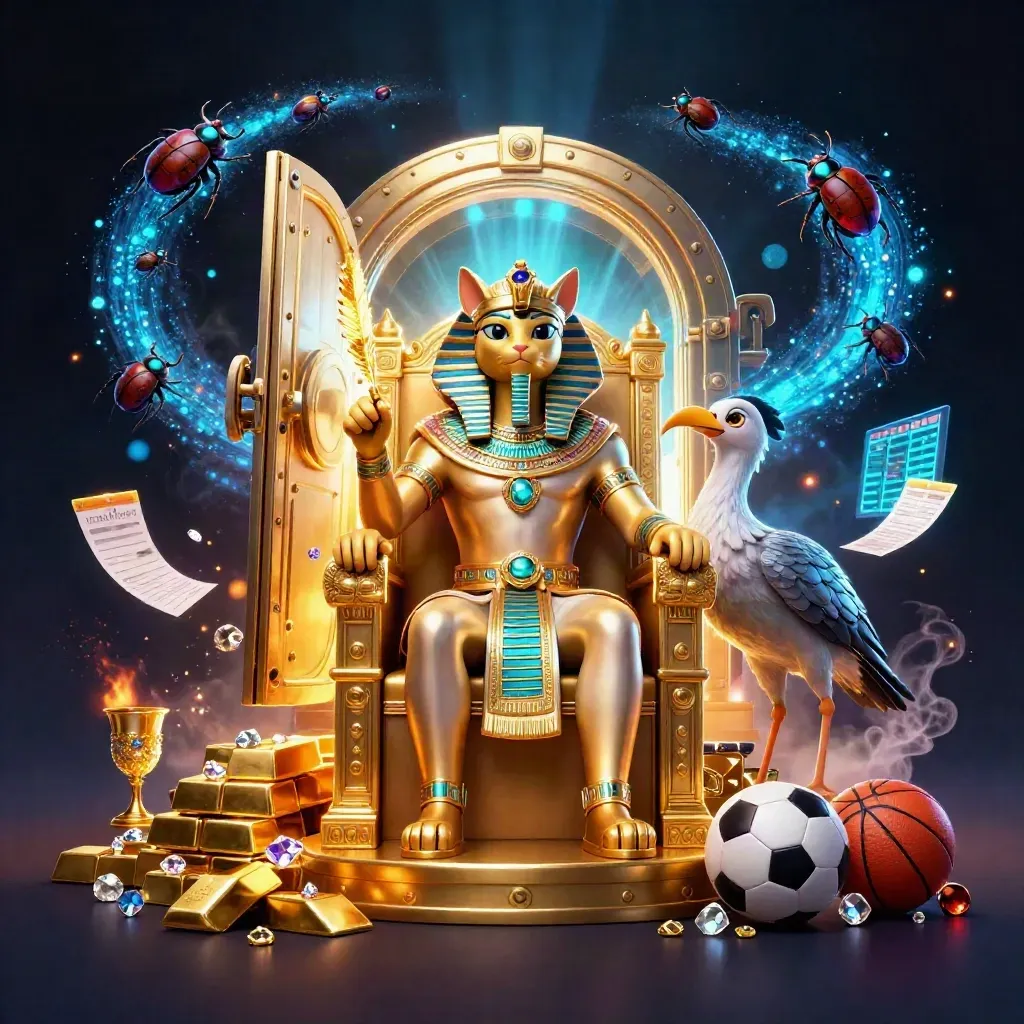 Pharaoh cat, ibis scribe, scarab wings, vault burst, sports icons, neon casino treasure glow
