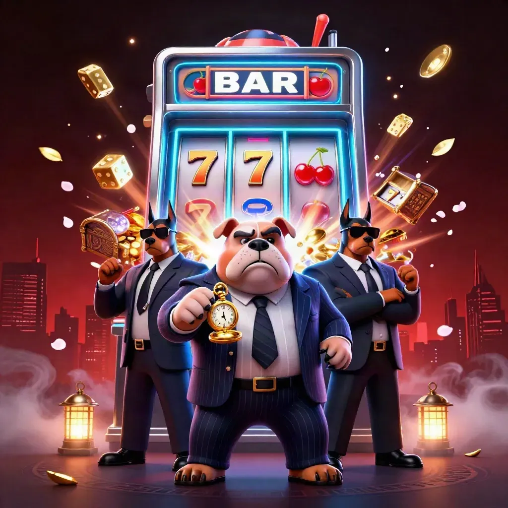 Bulldog mob boss and two Dobermans amid a bursting slot machine, gold, gems, and cyan glow