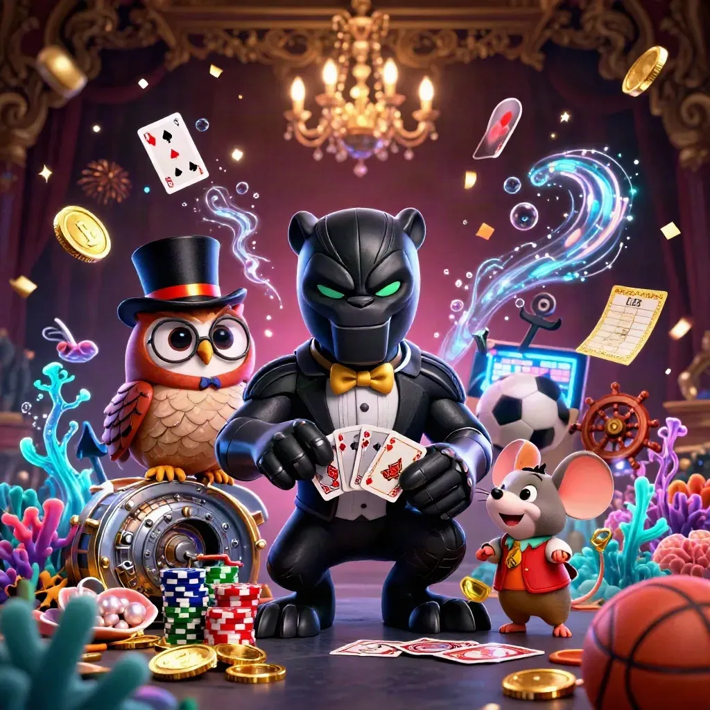 Panther, owl, and mouse amid gold coins, treasure, fireworks, and casino-sport bonuses.
