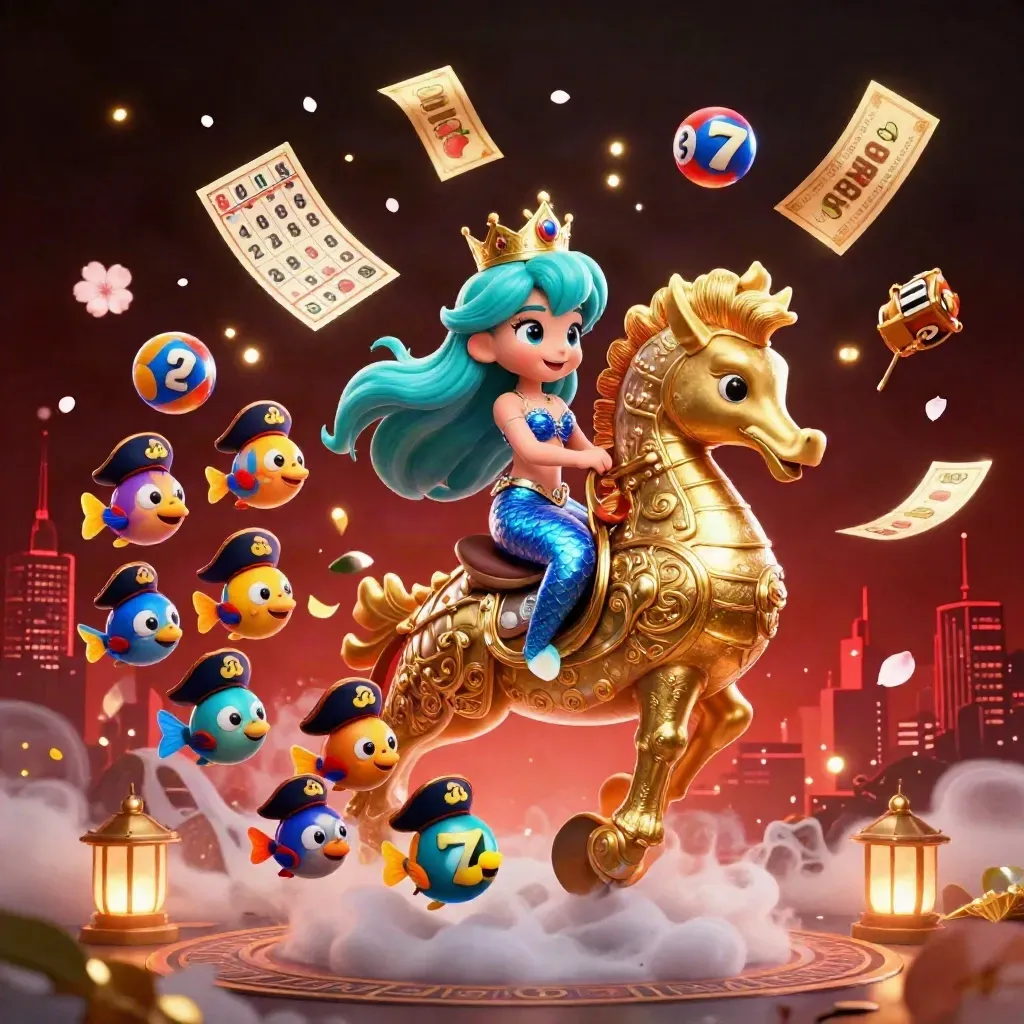 Mermaid princess on armored seahorse amid casino burst, lottery balls, bingo, wheel, fog and neon glow