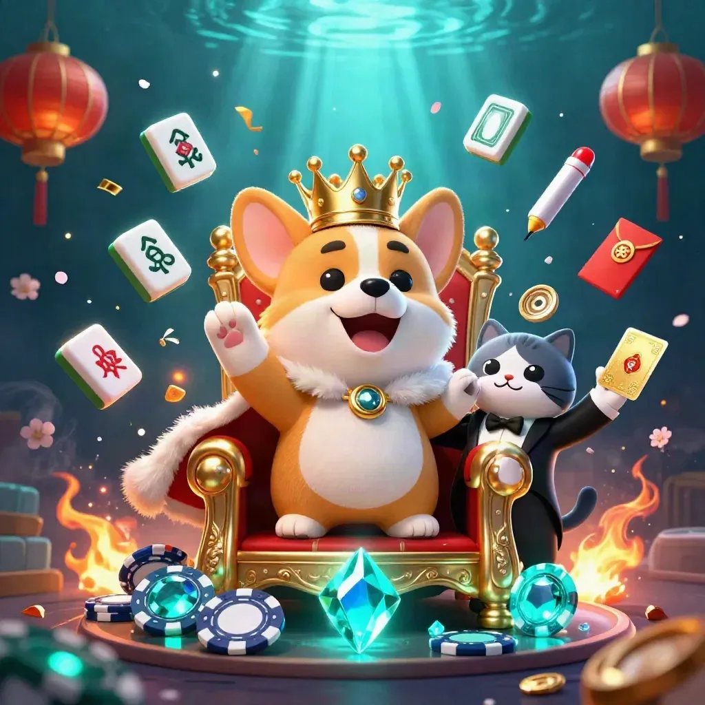 Royal corgi and cat butler amid neon-cyan treasure bursts in a dark underwater casino glow.