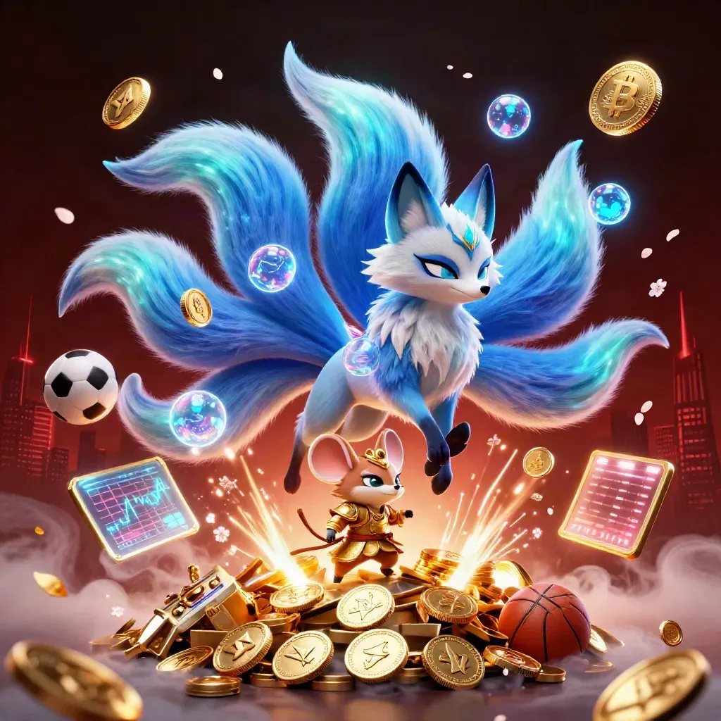 Neon fox spirit and golden mouse amid treasure coins, crypto symbols, fireworks, and casino effects.
