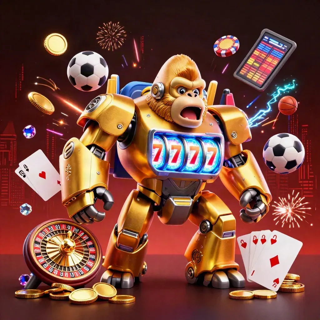 Golden gorilla mech with monkey pilot blasts coins, chips, cards, and neon casino energy.