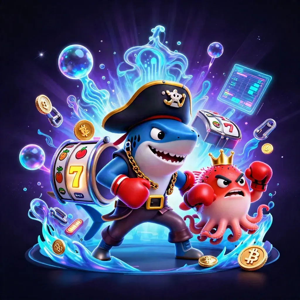 Pirate shark, boxing pufferfish, and coin-juggling octopus in neon casino glow